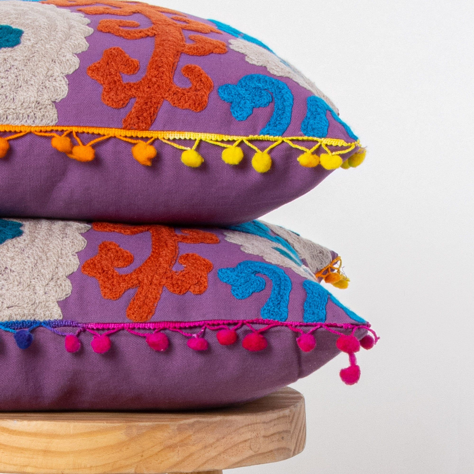 Cotton Embroidered Pom Pom Cushion Cover 16x16